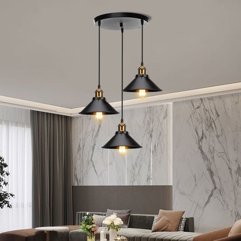 – Lustre suspension industrielle 3 lampes E27 – Fer noir – Tension 110-240V – Dimensions abat-jour Ø2215cm – Design vintage ajustable (1/5)