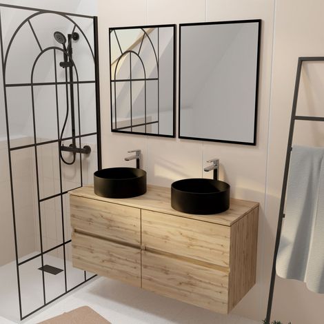 Mobile Bagno 120cm 4 Cassetti Rovere Naturale, 2 Lavabi Ø36cm Ceramica Nera, 2 Specchi 55x75cm