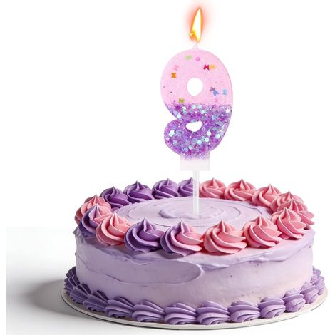 Bougie d'Anniversaire Chiffre, Bougie d'Anniversaire à Paillettes Roses et Violettes Décoration de Gâteau Amusante Sur le Thème Musique Convient aux Enfants Adolescents et Adultes (Numéro 9) (1/5)