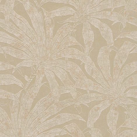Papier peint intissé style tropical Tapisserie à fond beige et fleurs crèmes Papier peint feuillage tendance idéal couloir et salon (1/4)