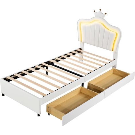 Kinderbett Polsterbett 90 x 200 cm, Weißes Kronen-Mädchen-Einzelbettgestell aus PU-Leder mit Stauraumschubladen, LED-Leuchten, Lattenrost und Rückenlehne