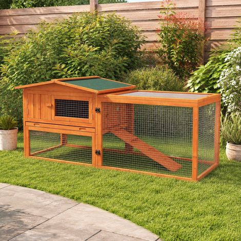 Casetta per piccoli animali con recinto e rampa, 156 x 58 x 68 cm, legno arancione REDOM (1/5)