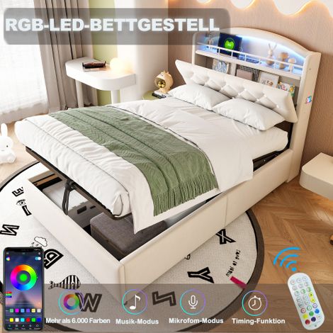 Bett 90 x 200 cm – Bett mit Stauraum, LED & USB-Anschluss – beige