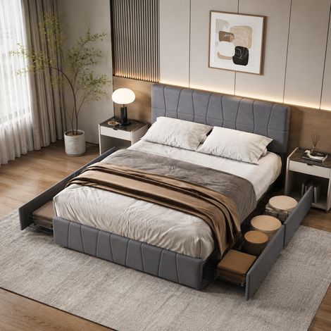 Lit double capitonné 160×200 cm,4 tiroirs de rangement,lit coffre avec tête de lit réglable,cadre de lit 160×200,style moderne,sommier à lattes,lit adulte,lit ados,Velours,Gris (1/5)