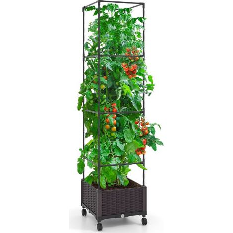 Bac de plantation surélevé 67 pouces avec bac à fleurs et treillis, structure modulaire démontable, roulettes verrouillables, résistant aux intempéries pour tomates, concombres et plantes grimpantes (1/5)