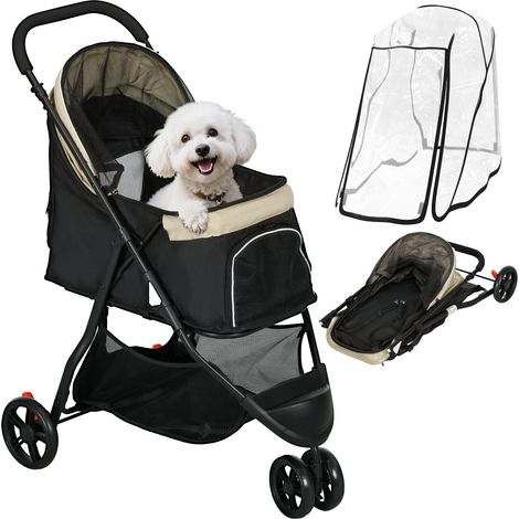 PawHut carrito para perros pequeños plegable con cesta de almacenaje ventana de malla cubierta para lluvia y ruedas 80,5x51,5x100 cm caqui (1/5)