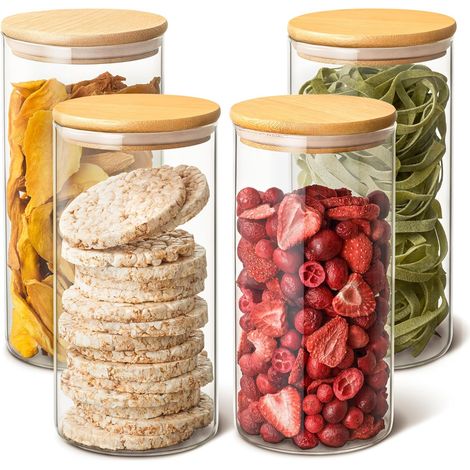 Lot de 4 Bocaux en Verre Hermetiques avec Couvercle en Bambou - Réutilisable - 8 Joints - 1,2 L - Lavable au Lave-vaisselle (1/5)