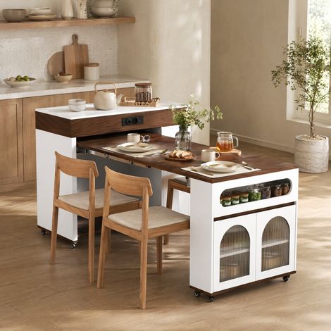 Mesa de cocina extensible con ruedas, enchufes, cajón, blanco y nogal DESVIAE (1/5)