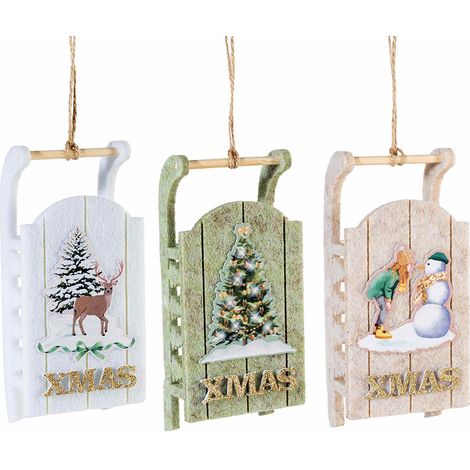 Slitte in panno da appendere con decorazione stampata e scritta glitterata, set da 6 pezzi, cm 16 x 7,5 x 4 H