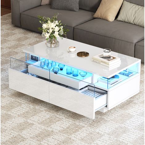 Mesa de centro con 2 cajones, tablero extraíble, LED y vidrio templado 90 x 45 x 35,5 cm blanca (1/5)