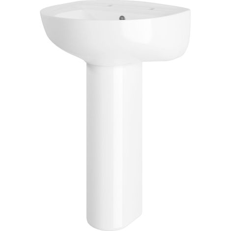 Sleek Modern White 550mm Round Bathroom 2 Tap Hole Basin & Pedestal