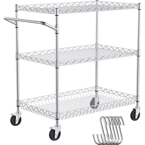 VEVOR Carrello da Cucina, 3 Ripiani, Carrello Metallico Capacita 300kg, Carrello di Servizio in Acciaio su Ruote, Carrello Portaoggetti Cestello Profondo 80mm Manico 6 Ganci Uso Interno Esterno