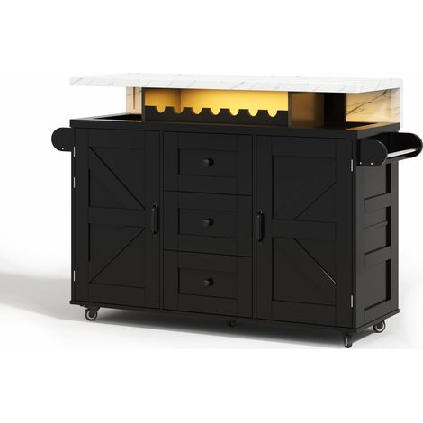 Îlot de cuisine mobile avec plateau rabattable, dimensions 120×42(60)×93 cm, équipé de 5 roulettes, rangement sous porte, casier à vin et emplacement porte-verres.