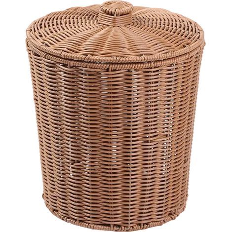 Panier de rangement tressé en plastique avec couvercle,poubelle de bureau,panier de rangement pour salon,chambre et salle de bain (1/5)