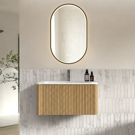 Badmöbel-Set mit LED Spiegel, wandhängend, vormontiert, mit Kunststein Waschbecken, Eichenfarbe (1/5)