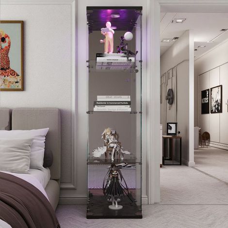 Glasvitrine mit LED, 4 Regalen, Spiegel, Präsentationsschrank für das Wohnzimmer, Vitrine für Sammlungen, 164 x 42 x 36cm, schwarz