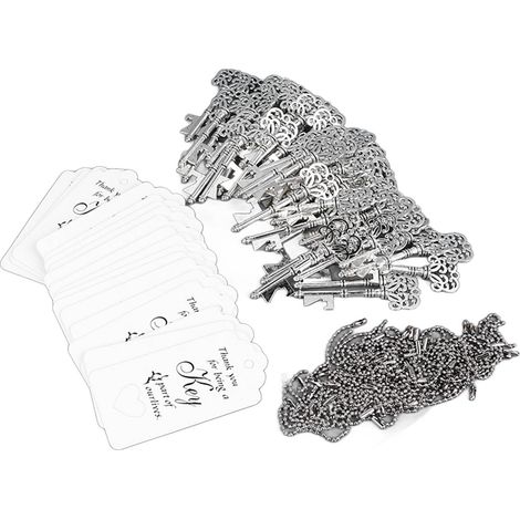 Lot de 50 ouvre-bouteilles clés anciennes argentées, porte-clés avec étiquette cadeau, souvenirs fête mariage, décapsuleur squelette antique (1/5)