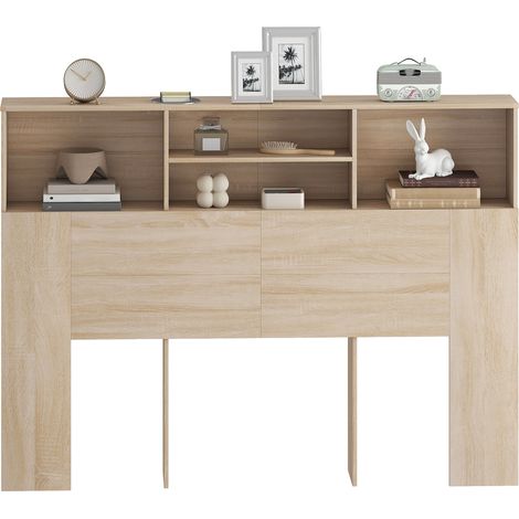 Tête de lit sur pied avec rangements, accessoire de lit 4 compartiments ouverts, 140 x 19 x 103,5 cm, effet bois naturel (1/5)