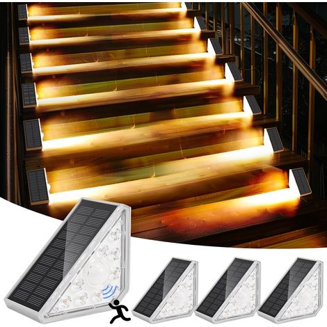 Treppenlichter für den Außenbereich, 4er-Pack Solar-Treppenlichter, Warmweiß 3000 K mit Sensor, IP67 wasserdichte Solar-Treppenlichter, LED-Terrassen- und Stufenlichter (1/5)