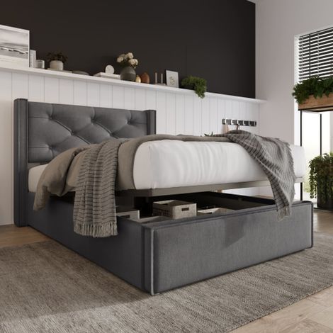 Lit 90 x 200 cm – coffre hydraulique, sommier métal, cadre contemporain avec rangement tissu coton gris (1/5)