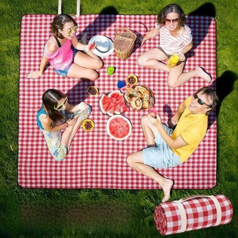 Picknickdecke Outdoor Extra Groß - 203 x 203 cm, tragbare wasserdichte Picknickdecke, maschinenwaschbare, 3-lagige Faltbare Picknickmatte mit sandabweisender Rückseite (Rot)