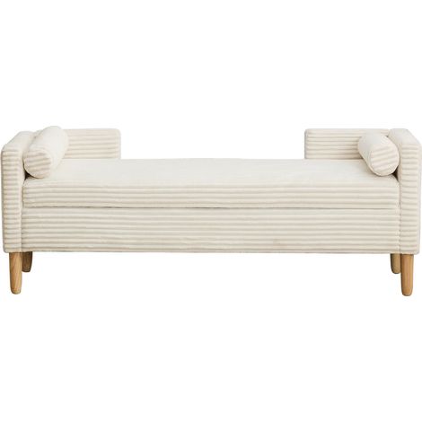 CAIziTabouret de rangement en velours côtelé avec accoudoirs, dossier et deux coussins ronds, pour salon, entrée et chambre, ivoire