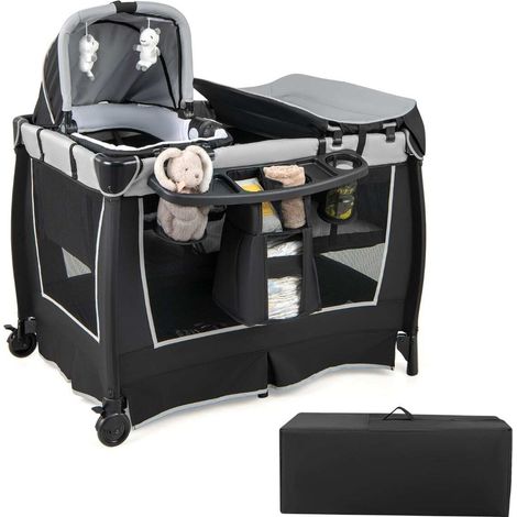 Lit de voyage bébé gris 6-en-1 avec berceau à bascule amovible, table à langer et parc pliable pour maison, voyage et plein air