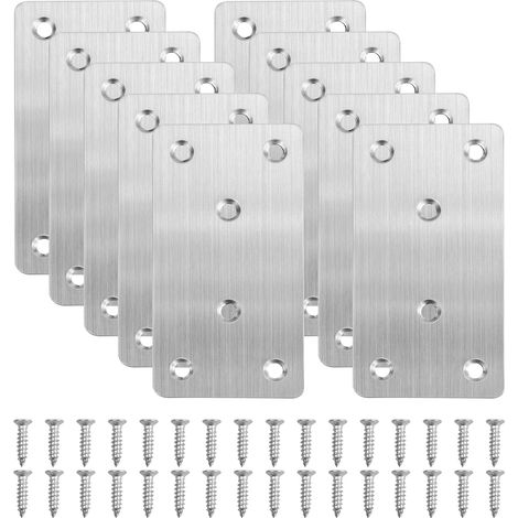 10 Pièces Connecteurs Plats en Acier Inoxydable 100x50x2mm, Plaques Perforées, Planches de Réparation Plates, Plaques Equerre d'Assemblage, pour les Meubles en Bois de Connexion, avec 60 Vis (1/5)