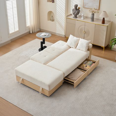 Canapé d'angle réversible avec coffre, méridienne convertible en lit, assise en velours côtelé, piètement en panneaux de fibres, accoudoirs avec porte-verres et tabouret de rangement, sofa beige 217 c (1/5)