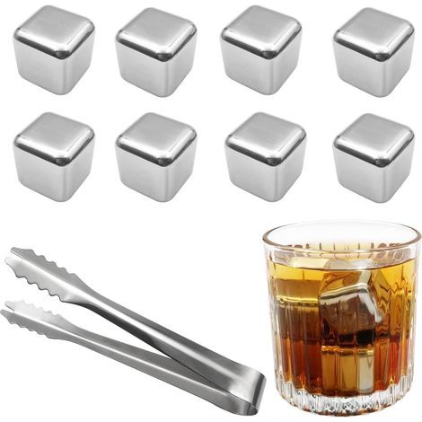 Set di 8 cubetti di ghiaccio riutilizzabili in acciaio inox per whisky, vodka, limonata, vino, succhi di frutta, regalo ideale per la Festa del Papà. (1/5)