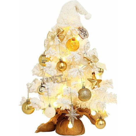 Mini arbre de Noël de 19,7 pouces, arbre de Noël de table pré-éclairé, arbre de Noël floqué de neige avec lumières LED, ornements suspendus pour les décorations de Noël à la maison