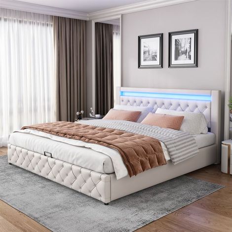 Lit coffre 180x200 cm - GUTENT - Rembourré - Éclairage LED - Blanc - Rangement intégré (1/5)