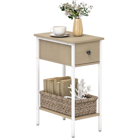 Table d'appoint étroite avec tiroir, étagère ouverte et structure métallique pour salon/chambre, 25 x 39,8 x 58,2 cm, couleur naturelle