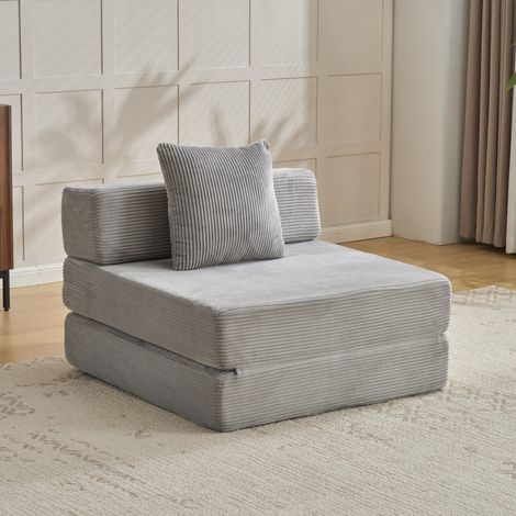 Canapé convertible de sol 1 place, velours côtelé, gris clair, avec coussin et accoudoirs OKMYHOME (1/5)