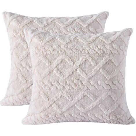 Juego de 2 fundas de cojín de felpa suave en color beige crema de 45 x 45 cm, fundas de almohada cuadradas de estilo bohemio con fundas de almohada cortas y cuadrados de muselina de lana sintética par