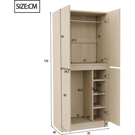 Armoire à double porte en bois blanc et couleur bois 70x40x170 cm avec grand espace de rangement (1/5)