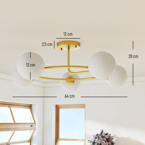 Plafonnier lustre moderne, luminaire plafonnier à 5 lumières avec culot G9, montage semi-affleurant, doré et blanc (1/5)