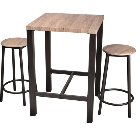 Ensemble table et 2 tabourets ronds en bois naturel et métal noir - DARCY