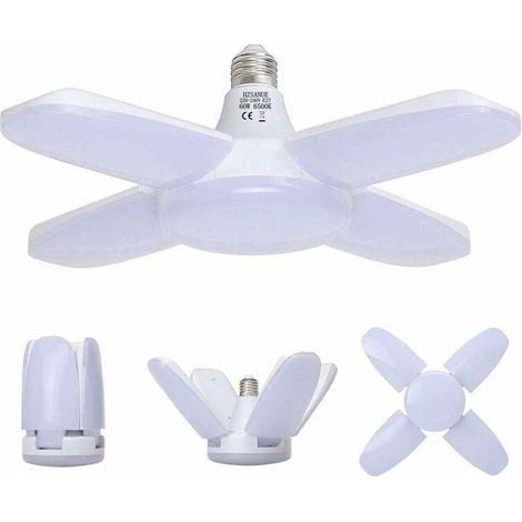 Lampe Garage E27 60W,Lampe Atelier Blanc Froid 6500K 6800Lm,Déformable avec 4 Panneaux Ajustables, Éclairage Plafond LED, pour Garages (1/4)