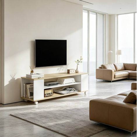 TV-Möbel 120 x 40 x 38,5 cm, Spanplatte Weiß/Natur, Rollen, für Wohnzimmer – MEUBLIV (1/5)