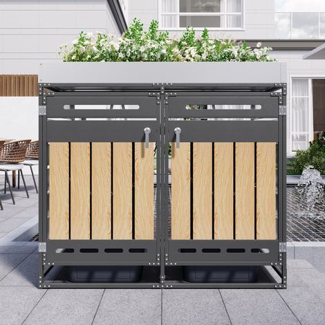 Cache-poubelle avec bac à plantes, panneaux verticaux effet bois, ventilation à fentes longues, armoire de rangement de jardin en métal avec serrure