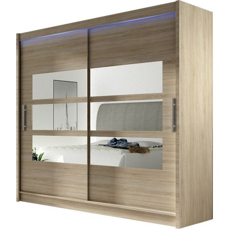 Armario Closico 101, Roble Sonoma, 215x180x58cm, Puertas de armario: Correderas, Número de estantes: 5, LED