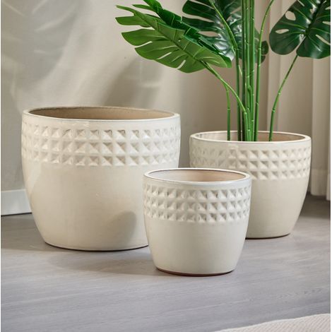 Set de 3 macetas de cerámica esmaltada crema, Ø38/30,5/23 cm, con drenaje (1/5)