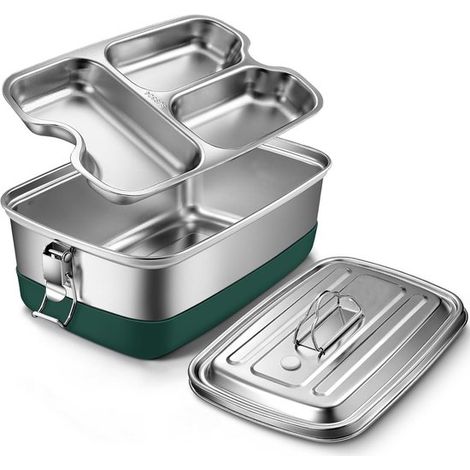 Portapranzo per adulti e bambini, in acciaio inox, di alta qualità, 2000 ml, a prova di perdite, con 3 scomparti, ecologico. (1/5)