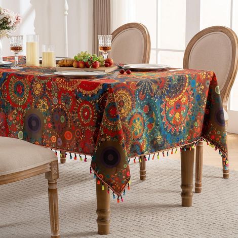Tischdecke Boho Mandala mit Fransen 150x180cm Bunte Punkte Polyester