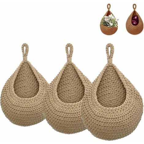 3 Pezzi Cesto Frutta Sospeso, Cesto per Frutta e Verdura da Appendere al Muro, Cesto a Parete in Juta Intrecciata a Mano a Forma di Goccia d'Acqua, Cesto Sospeso per Organizzazione in Cucina, Soggiorn (1/4)
