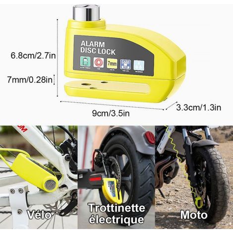 Antivol de frein à disque avec alarme antivol, pour vélos, trottinette électrique, motos, etc., Jaune (Corde de sécurité Étiquette (1/4)