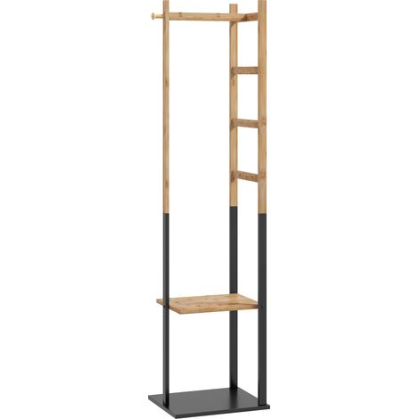 Portant en bambou pour vêtements, porte-manteau en bois avec tringle, étagères, patère et 4 barres latérales (1/5)