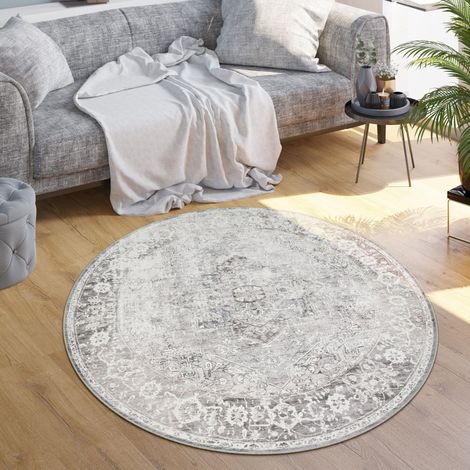 Paco Home Tapis Salon Chambre Adulte Tissage Plat Moderne Oriental Marocain Vintage Lavable Beige, 120 cm rond (1/4)