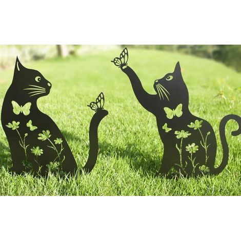 Déco de jardin chat en métal (lot de 2), 15 pouces grand format, piquets décoratifs silhouette noire pour pelouse, ornement extérieur résistant aux intempéries en acier, cadeau idéal pour les amoureux (1/5)